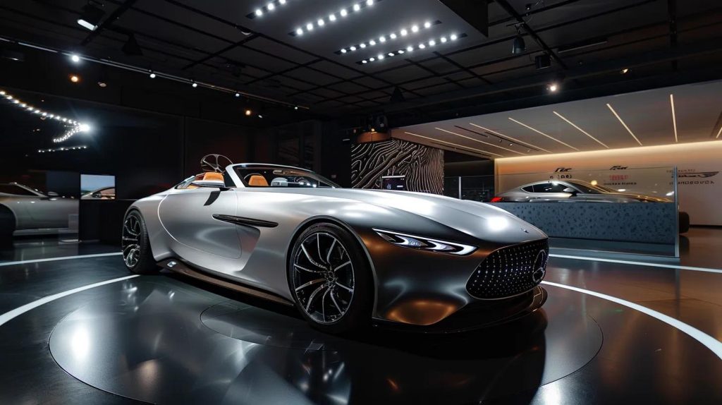 a sleek luxury car gleams under bright showroom lights, showcasing pristine detailing after an expert high-pressure wash and wax, emphasising the immaculate finish that highlights its curves.