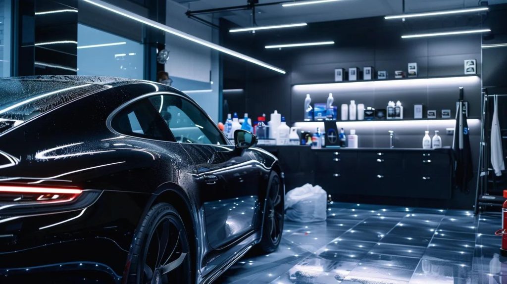 a sleek, meticulously detailed car gleams under the bright, artificial lights of a modern automotive detailing studio, surrounded by an array of professional cleaning products and tools arranged neatly on the polished countertops.