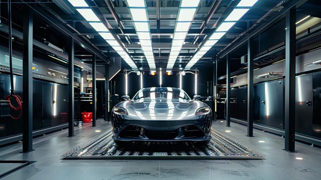a sleek, modern car detailing workshop in the northern beaches, showcasing a pristine vehicle receiving an intricate cleaning treatment under bright, focused lighting that enhances the lustrous surfaces and detailed equipment surrounding it.
