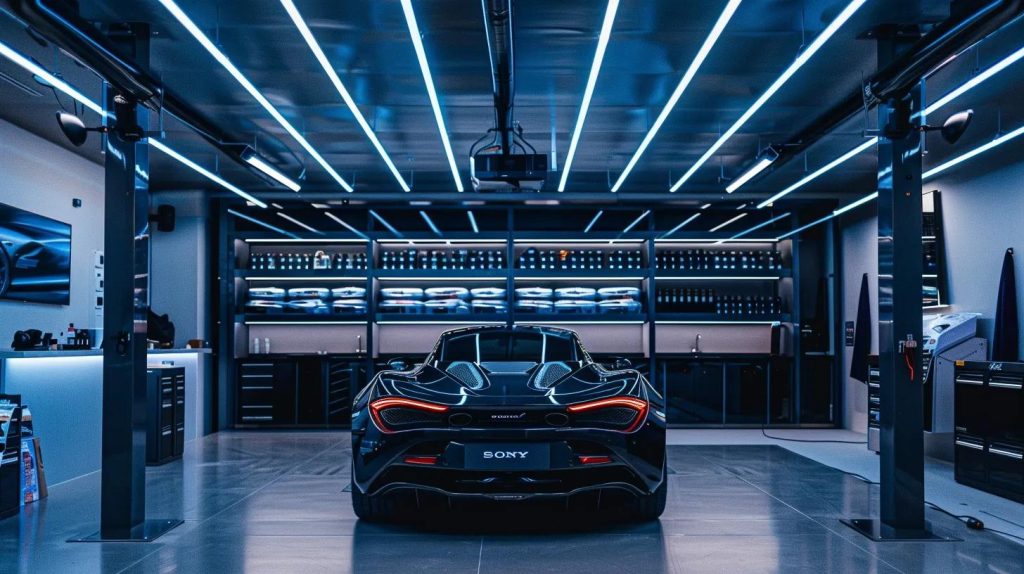 a sleek, modern car inside a pristine, well-equipped detailing garage, illuminated by overhead led lights, showcasing high-end detailing products and equipment, with a backdrop of vibrant customer reviews elegantly displayed on digital screens.