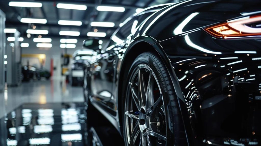 a sleek, polished luxury car gleams under the meticulous lighting of a modern detailing workshop, showcasing the precision and care synonymous with a premium car detailing service in northern beaches.