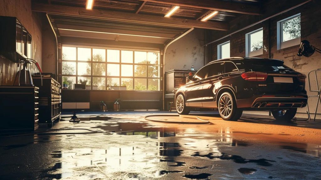 a sleek, well-maintained vehicle is parked in a spacious, well-lit garage, free from personal belongings and ready for detailing, while professional equipment is neatly arranged nearby, emphasising the importance of thorough preparation for optimal results.