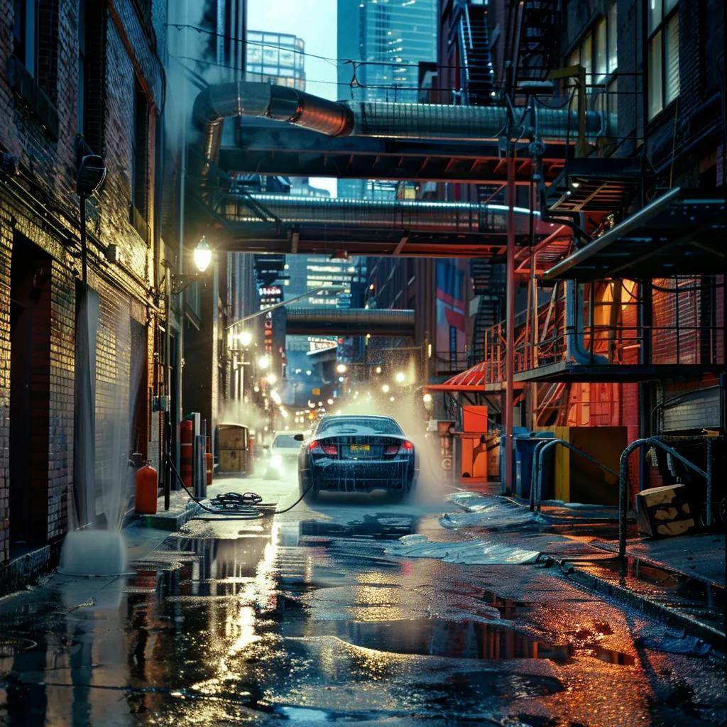 a dynamic and vibrant car cleaning service is showcased in an urban alleyway, featuring gleaming vehicles and vivid sprays of soap, emphasizing the precision and energy of the detailing process against the backdrop of a bustling city.