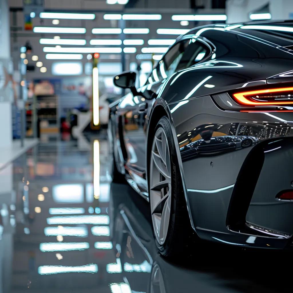 a gleaming luxury car stands under bright showroom lights in a sleek newport auto detailing shop, showcasing pristine paintwork and sparkling chrome that highlights the meticulous craftsmanship of the detailing process.