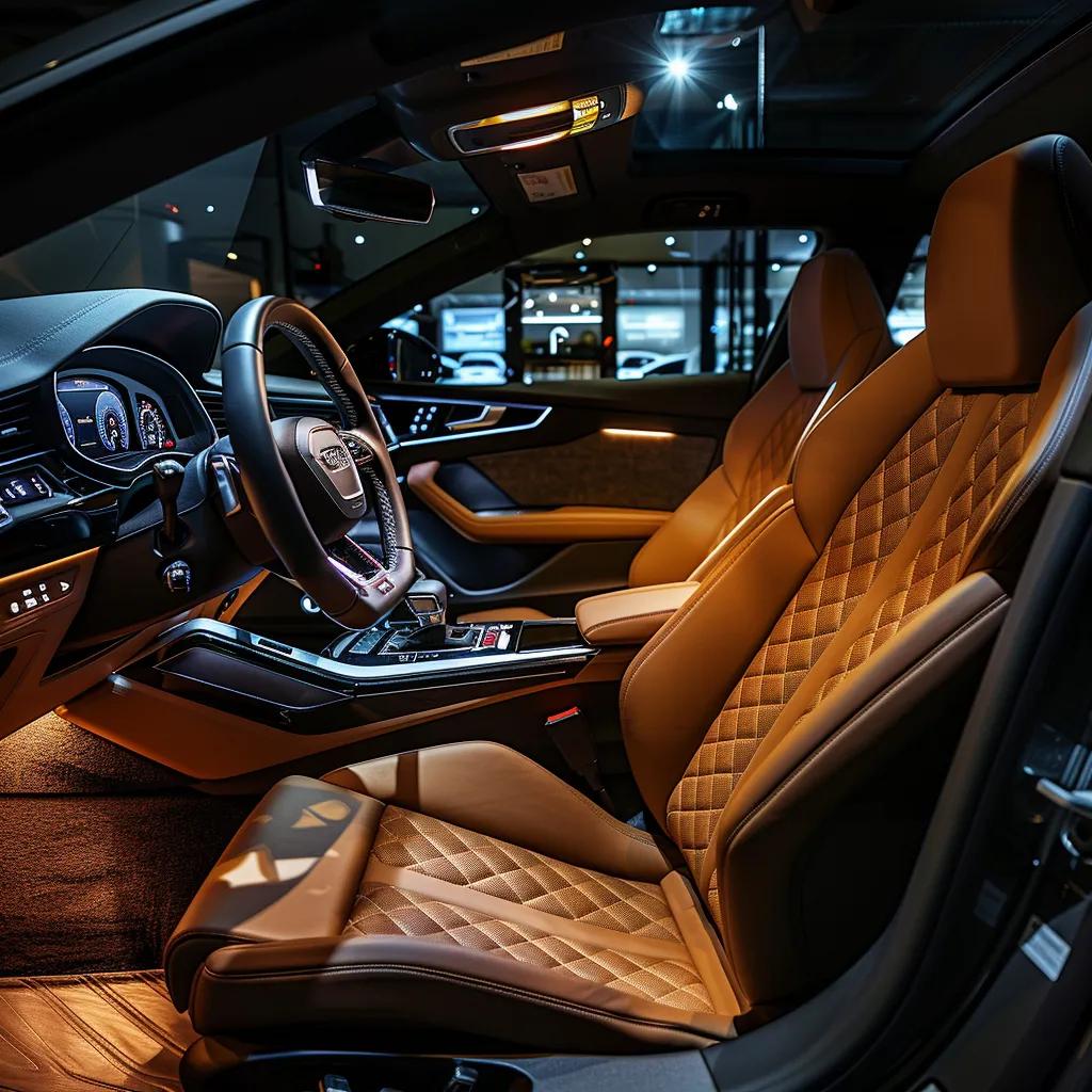 a meticulously cleaned car interior gleams under the bright artificial lights of a modern detailing studio, showcasing immaculate upholstery, polished surfaces, and a tidy dashboard, emphasizing the excellence of automotive care in the northern beaches.
