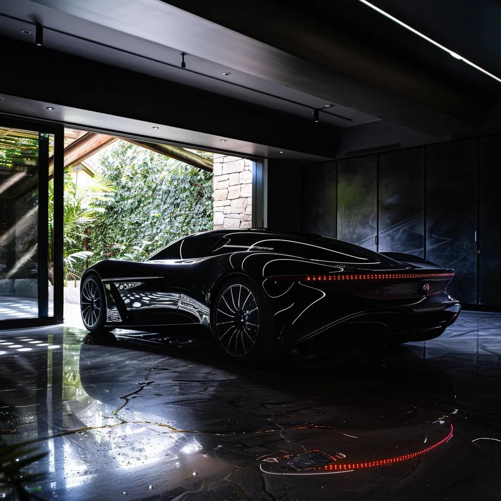 a sleek, luxury car sits in a well-lit, modern garage, showcasing its glossy, protected paint with vibrant reflections from overhead lights and pristine surfaces.