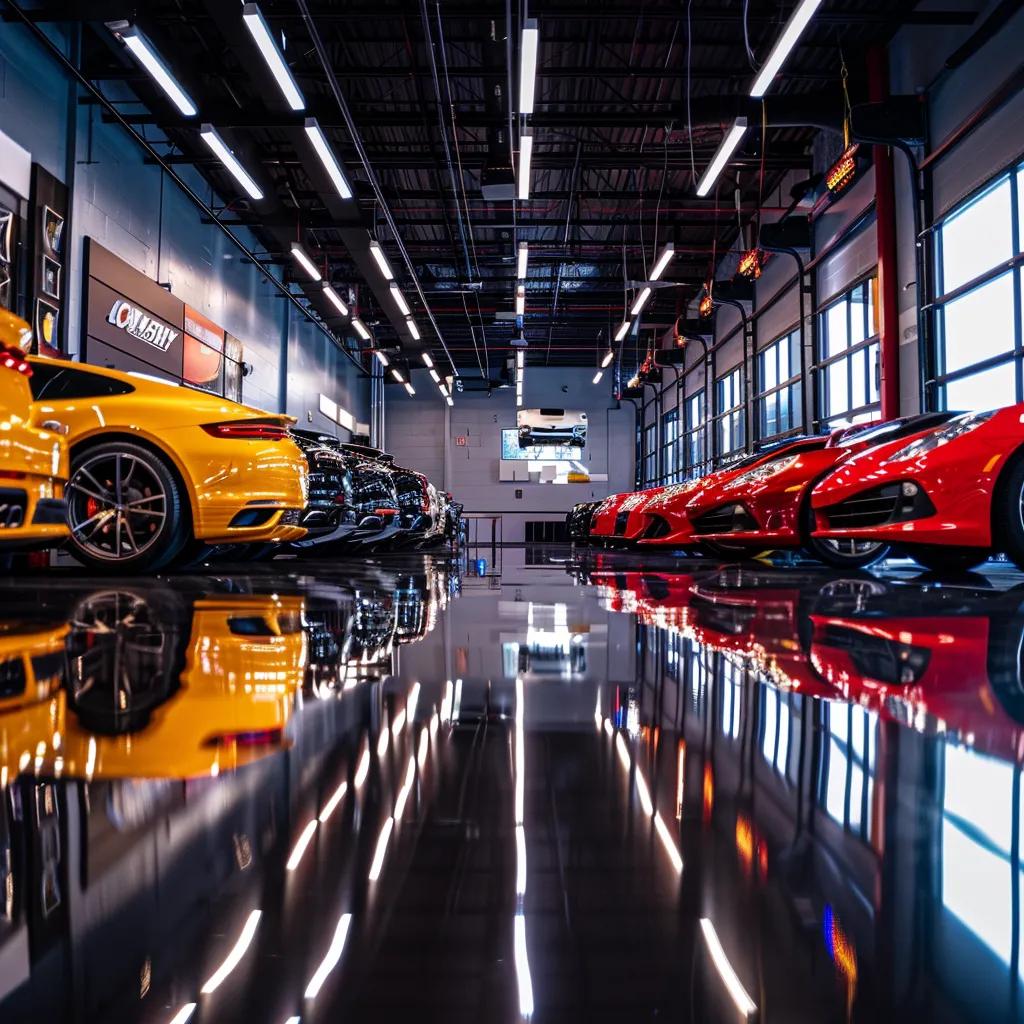 a sleek, modern auto detailing garage filled with gleaming vehicles under bright artificial lighting, showcasing a meticulous paint correction process with vibrant colors reflecting off polished surfaces.