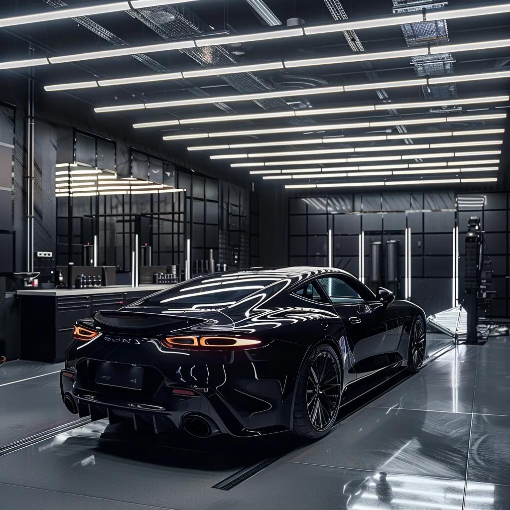 a sleek, modern automotive detailing studio showcases a perfectly polished car under bright, focused lighting, emphasizing the glossy finish of its ceramic coating as high-end tools and products are arranged neatly in the background.