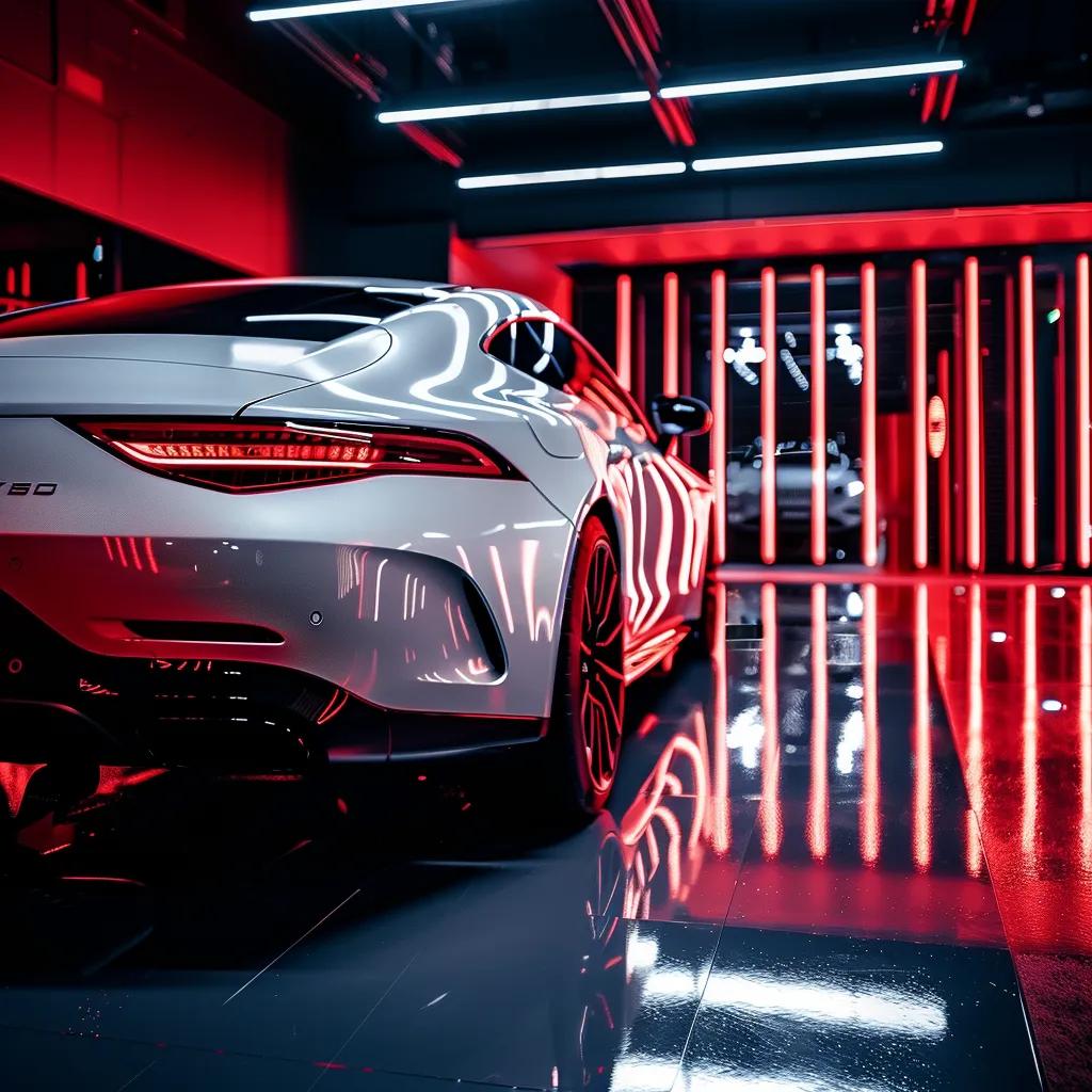 a sleek, polished car gleams under the bright lights of a modern detailing studio, showcasing its flawless ceramic coating in a vibrant array of reflections against a minimalist, industrial backdrop.