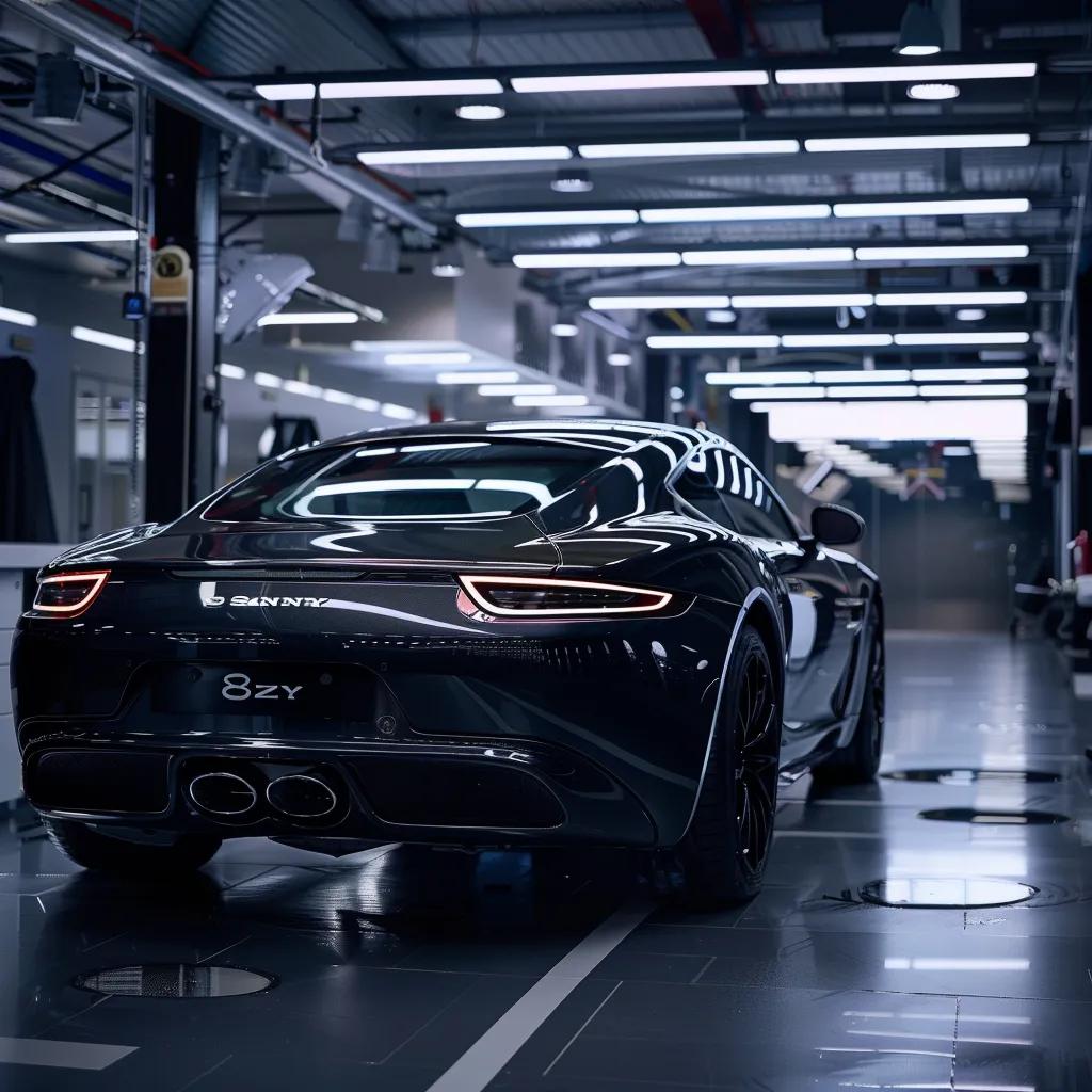 a sleek, polished car gleams under the bright artificial lights of a modern detailing studio, surrounded by high-end tools and equipment, highlighting the meticulous artistry of car detailing in narrabeen.