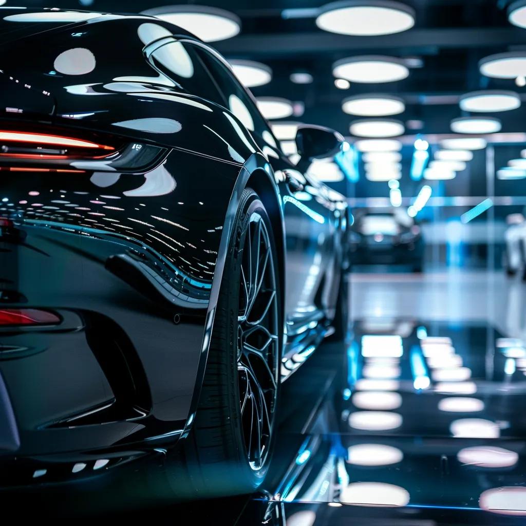 a sleek, polished car gleams under the bright lights of a modern auto detailing shop, showcasing expert craftsmanship and vibrant reflections on its flawless surface.