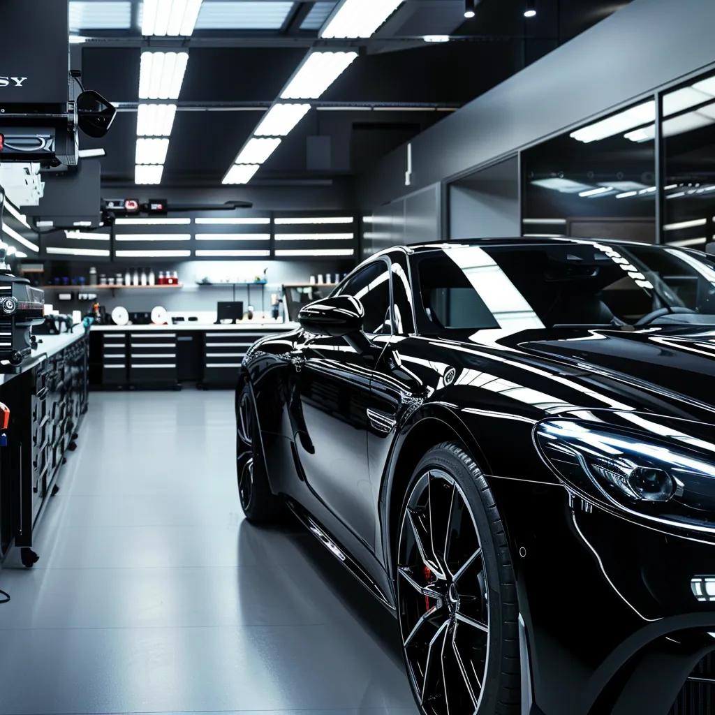 a sleek, polished car gleams under bright studio lights, surrounded by professional detailing tools and equipment in a modern automotive workshop, emphasizing the meticulous care of car detailing services.