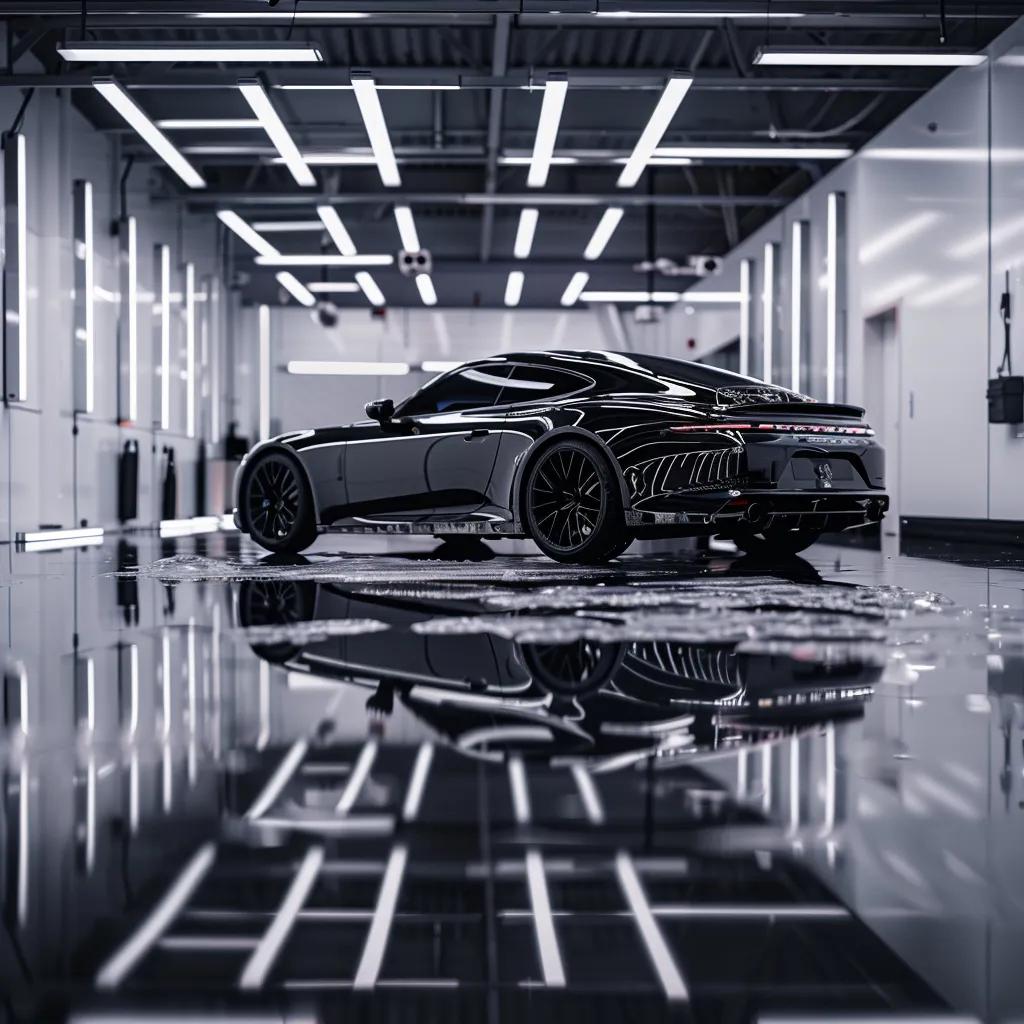 a sleek, polished car gleams under the bright fluorescent lights of a modern detailing shop, showcasing its flawless ceramic coating with a mirror-like finish reflecting the pristine workspace around it.