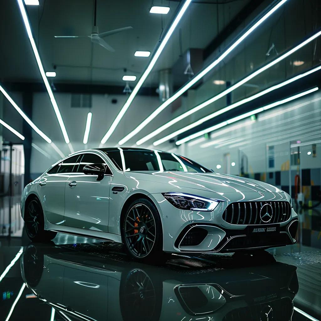 an immaculate car gleams under bright fluorescent lights in a modern car cleaning facility, showcasing a pristine interior and exterior, emphasizing the meticulousness of professional detailing.