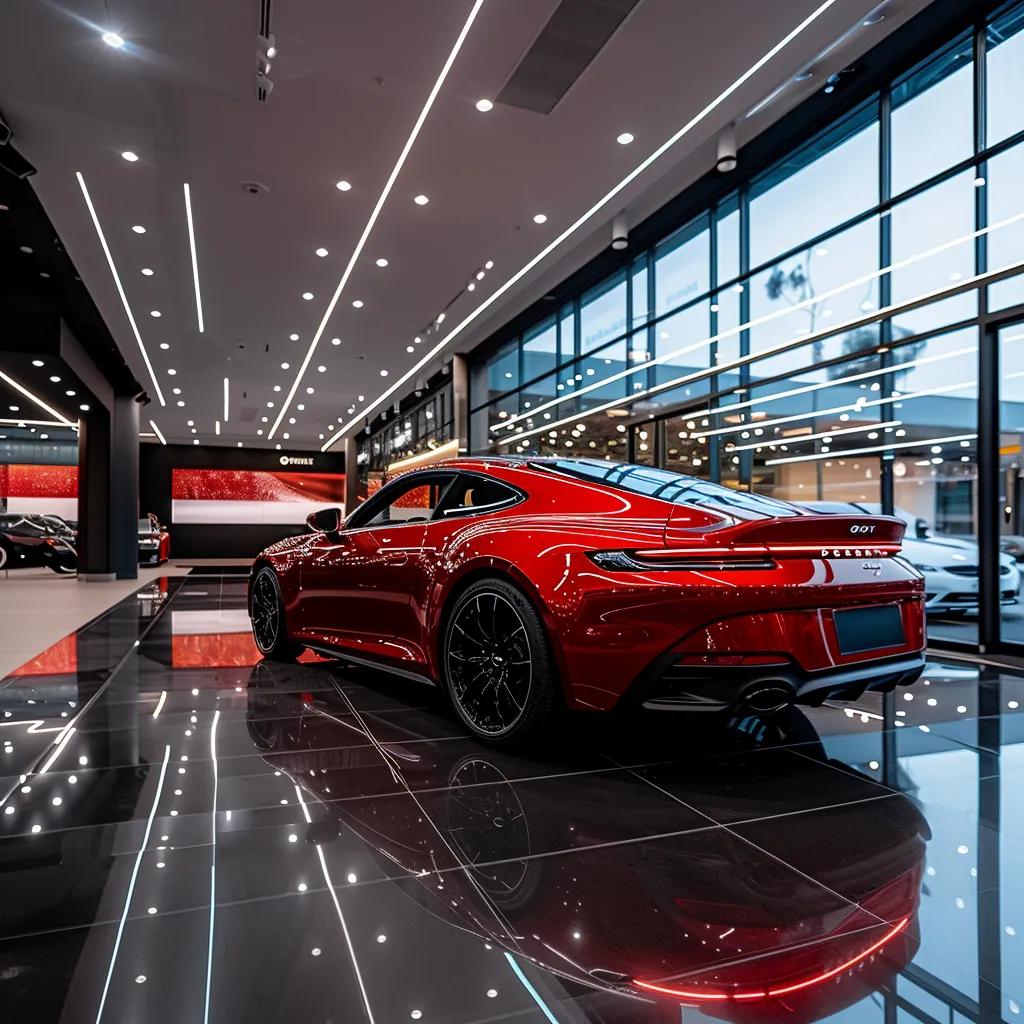 an impeccably detailed car gleams under bright showroom lights in a sleek, modern detailing studio, showcasing the meticulous craftsmanship and vibrant colors of its polished surfaces.