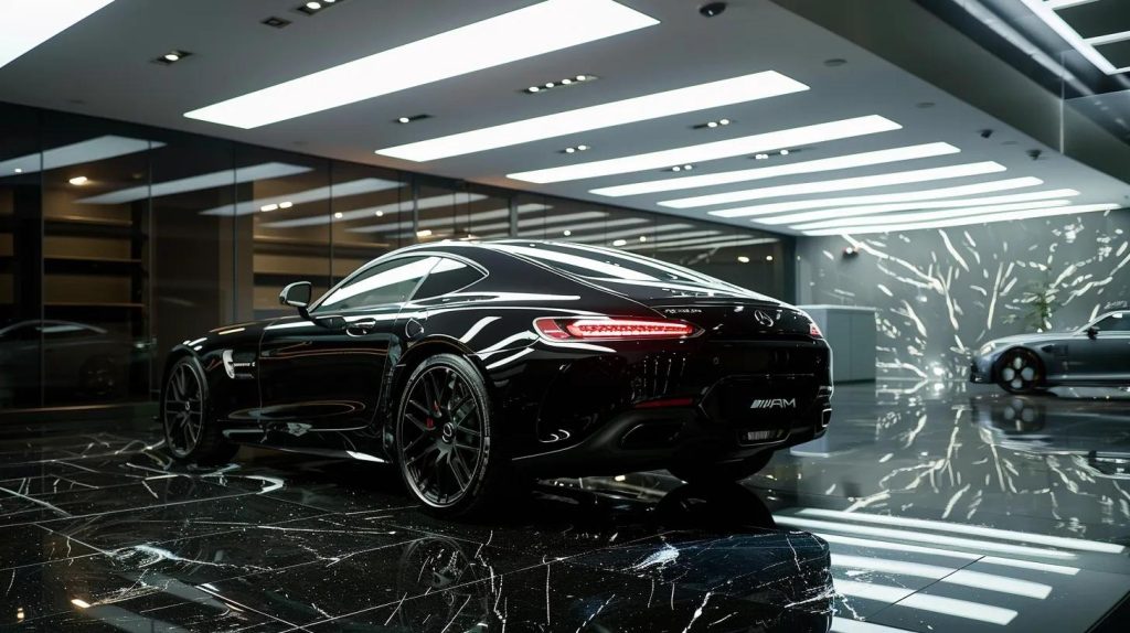 a luxurious, high-end vehicle gleaming under bright showroom lights, showcasing the impeccable finish and expert craftsmanship of rpm car detailing in a modern, sleek garage environment.