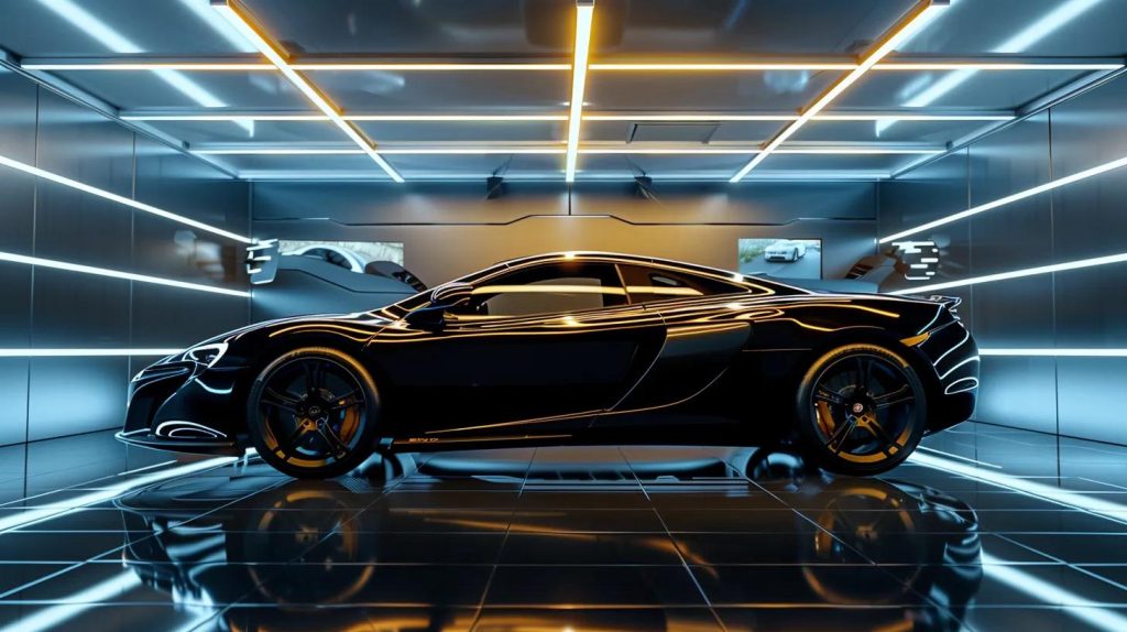 a sleek, modern car is showcased in a well-lit, pristine detailing studio, highlighting the glimmering paintwork and immaculate interior, embodying the art of vehicle restoration and maintenance.