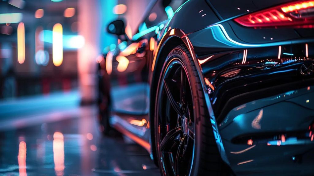 a sleek, polished car gleams under the bright lights of a modern detailing workshop in palm beach, showcasing the transformative power of professional car care.