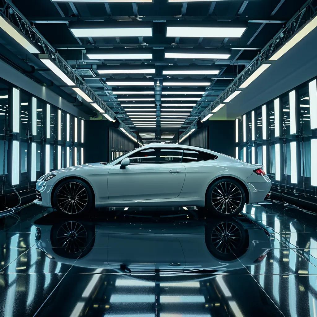 a sleek, pristine car gleams under bright studio lighting in a modern detailing garage, showcasing its immaculate finish and reflective surfaces against a backdrop of high-end detailing equipment.