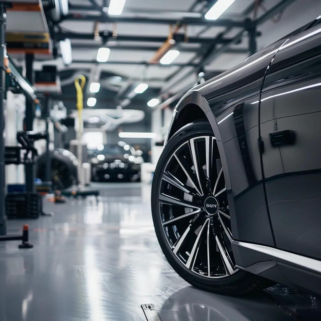 a sleek car wheel is being expertly inspected and repaired on a polished workshop bench, surrounded by precision tools in a bright, modern garage setting.