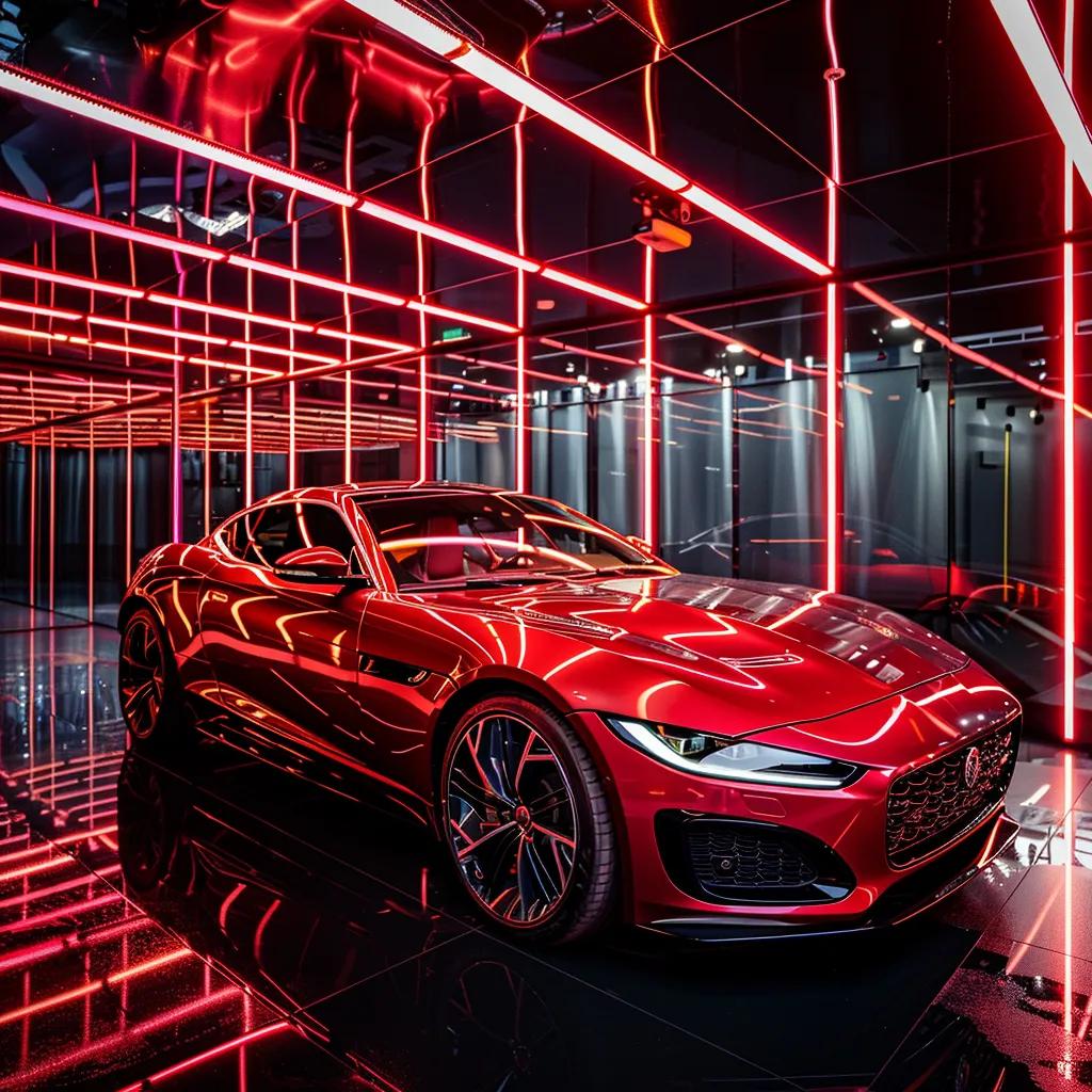 a sleek, meticulously polished car gleams under bright showroom lights in a modern detailing studio, showcasing its flawless finish and vibrant colors against a backdrop of high-end detailing equipment.