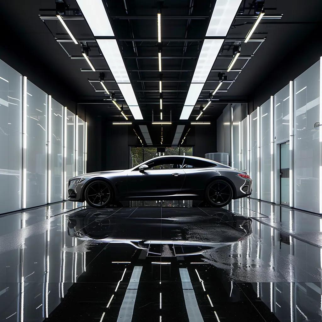a sleek, modern auto detailing studio in warriewood showcases a polished luxury car under bright spotlights, emphasizing its pristine paint surface and the advanced paint protection technology being applied.