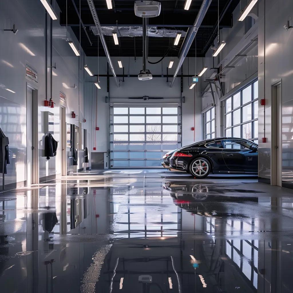 a sleek, modern car cleaning bay, showcasing sparkling vehicles under bright, professional lighting, with gleaming chrome fixtures and reflections on polished surfaces, emphasizing an atmosphere of precision and excellence in auto detailing.