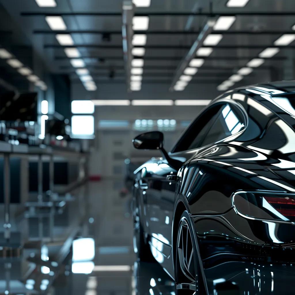 a sleek, polished car gleams under bright, artificial lights in a modern, minimalist car detailing shop, with high-end equipment and spotless workstations in the background, emphasizing a luxurious automotive care experience.