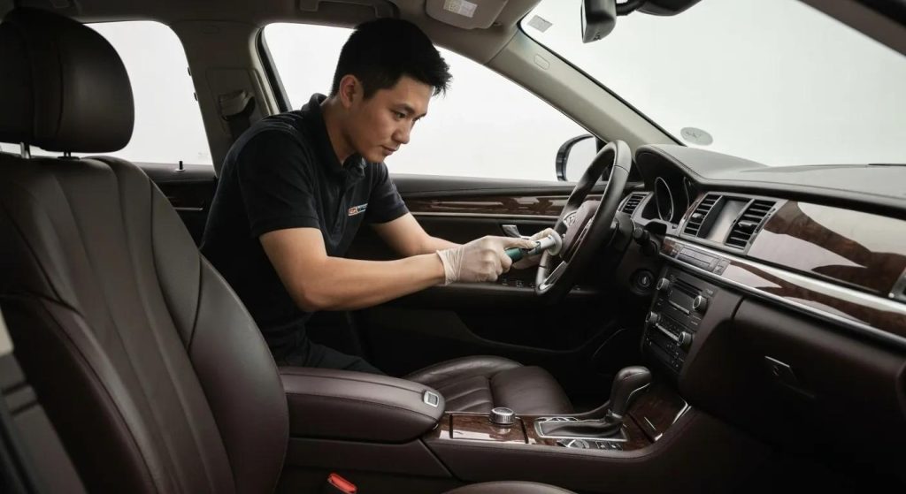 Professional car interior detailing service showcasing a technician cleaning luxury vehicle interiors
