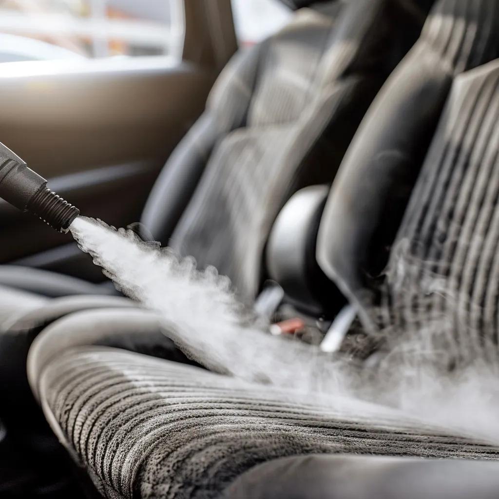 Steam cleaning process in car interior showcasing effectiveness in removing dirt and allergens