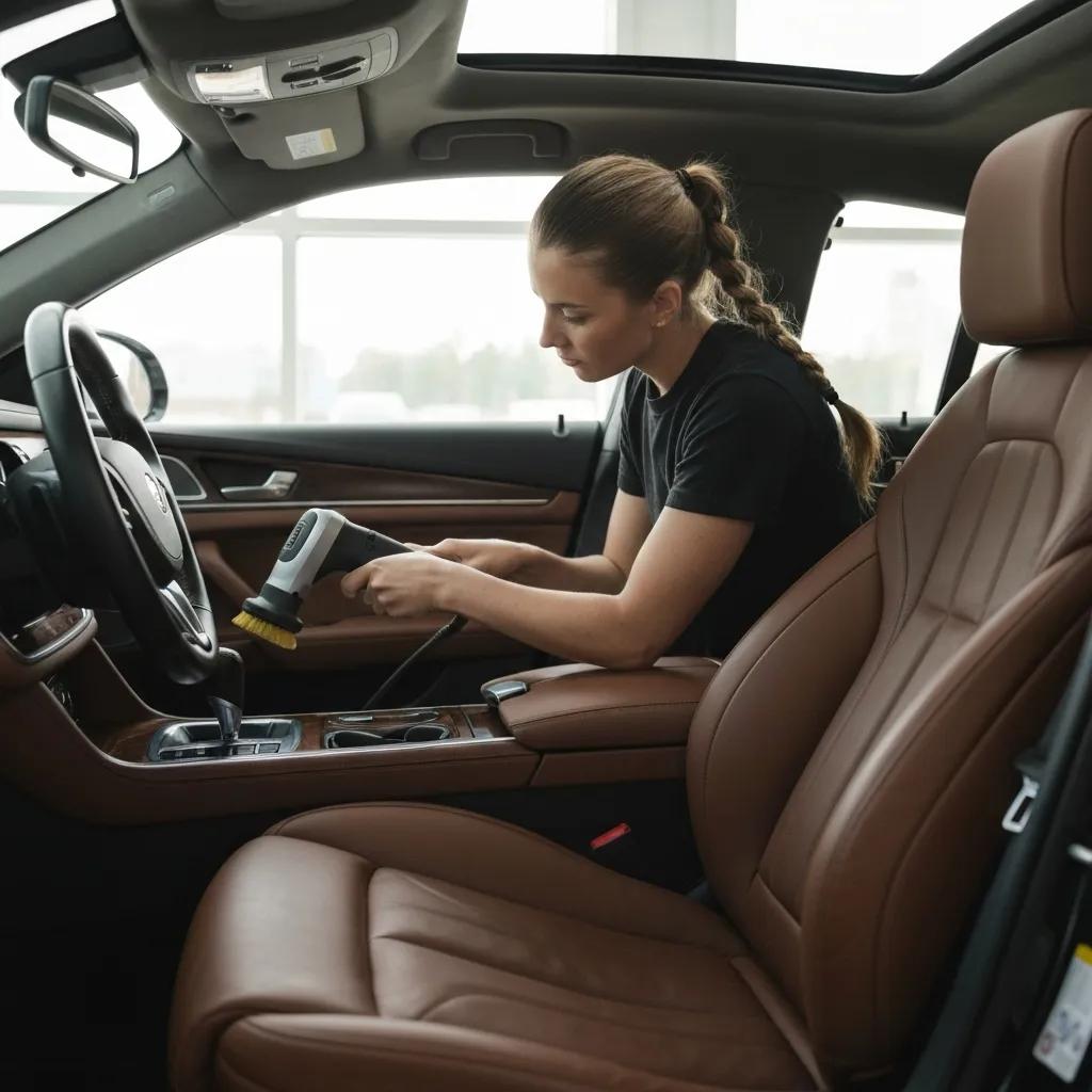 Luxury car interior detailing with professional tools highlighting cleanliness and precision