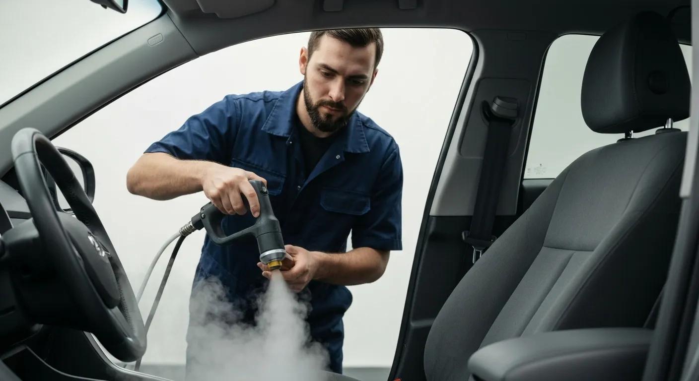 Technician performing steam extraction on car upholstery during interior detailing process