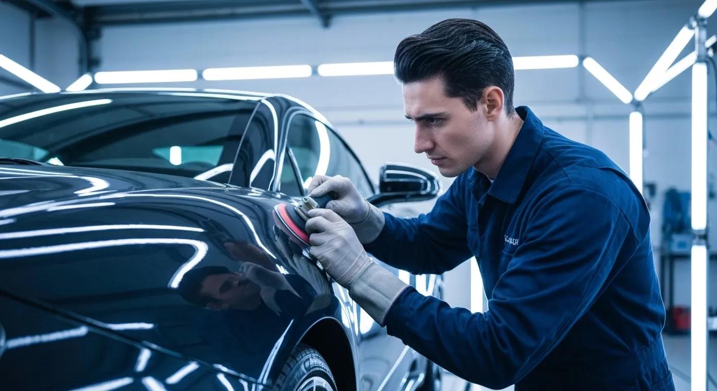 Technician inspecting luxury vehicle during paint correction process under LED lighting