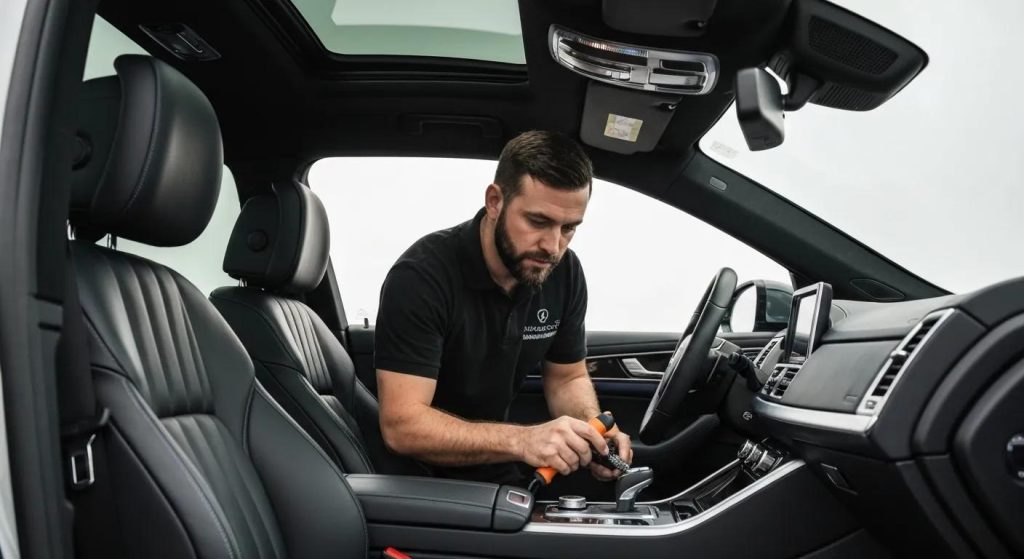 Expert car detailing technician meticulously cleaning the interior of a high-end vehicle
