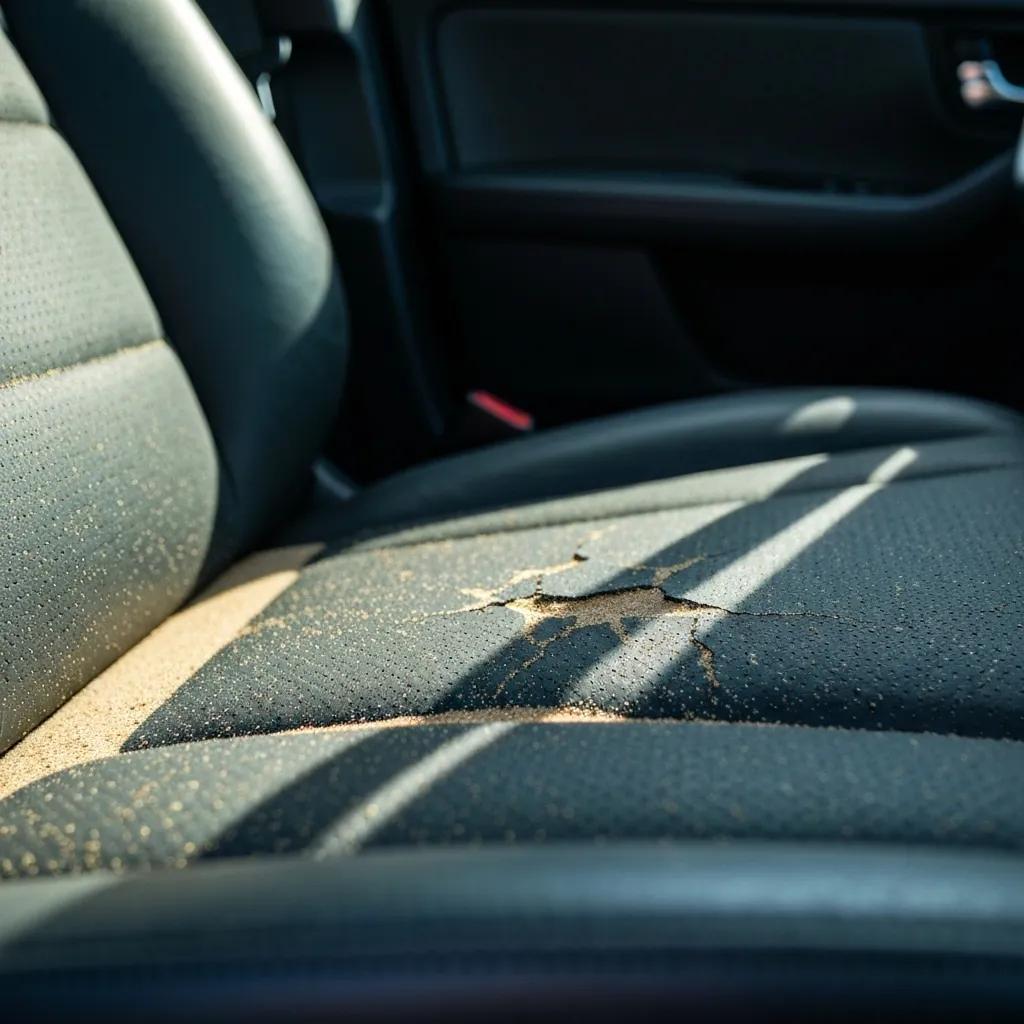 Close-up of a car seat showing sand and UV damage, highlighting the challenges of Northern Beaches vehicles