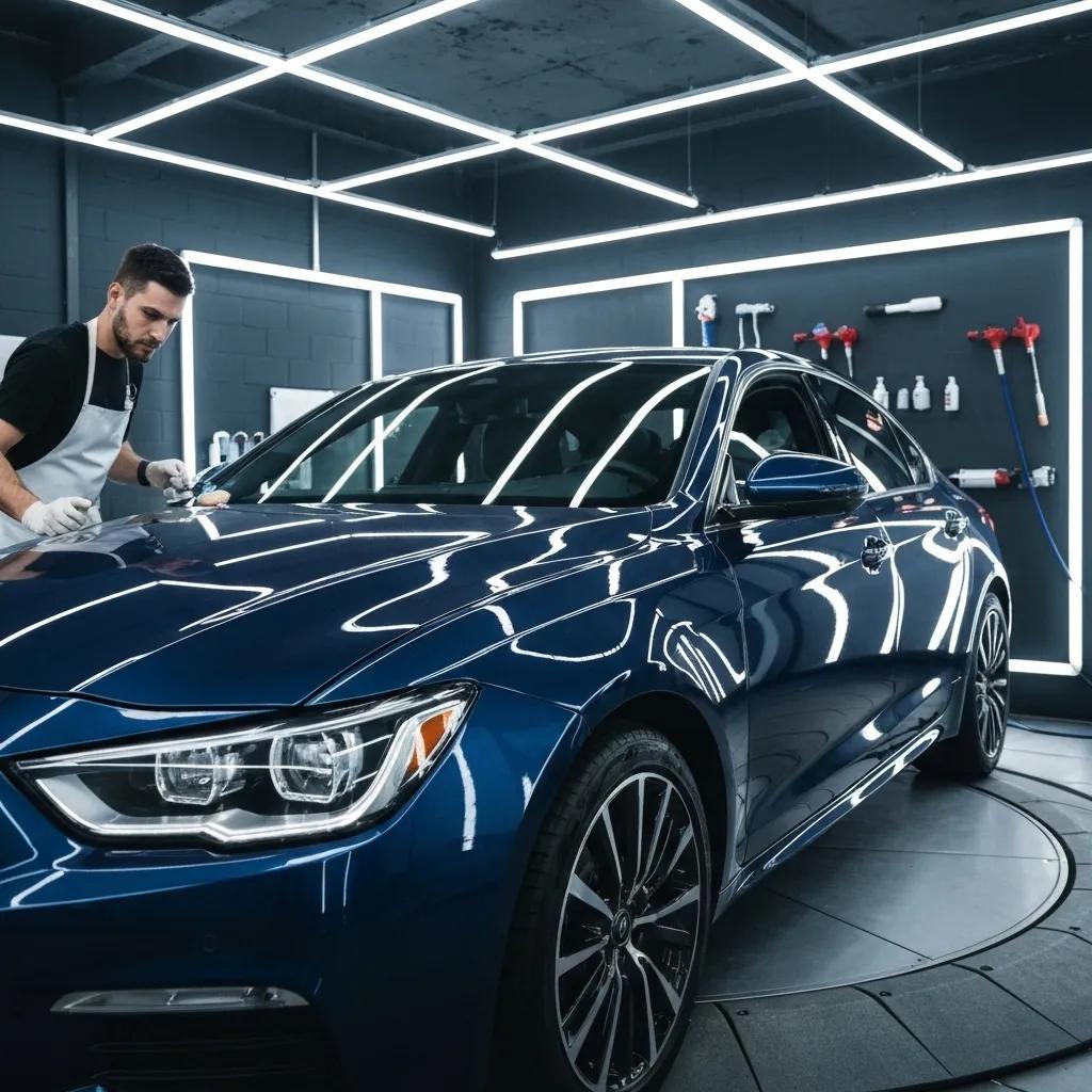 Application of ceramic coating on a car, highlighting the enhanced gloss and protective layer