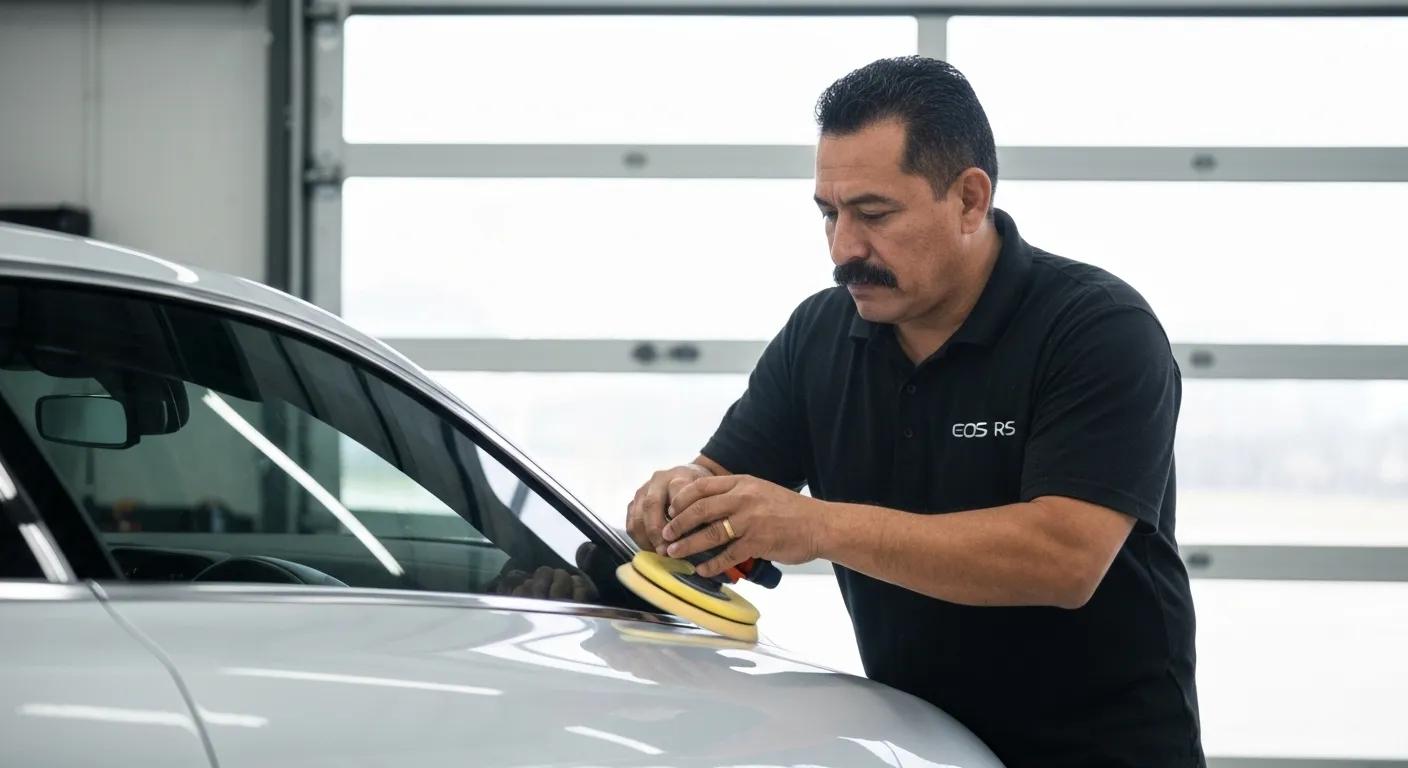Detailing technician expertly performing paint correction on a luxury car, showcasing advanced polishing techniques