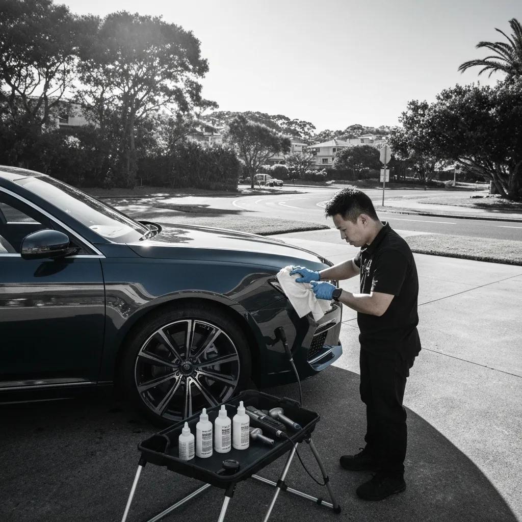 Expert car detailing service in Northern Beaches with a technician meticulously cleaning a high-end vehicle