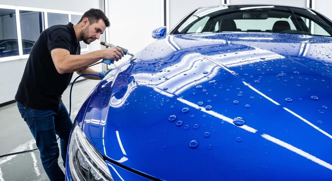 Technician applying ceramic coating to a car, showcasing glossy finish and hydrophobic properties
