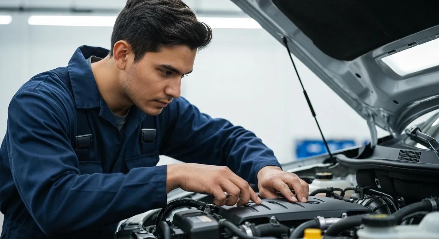 Expert mechanic examining a pristine engine bay to highlight performance and fuel efficiency gains