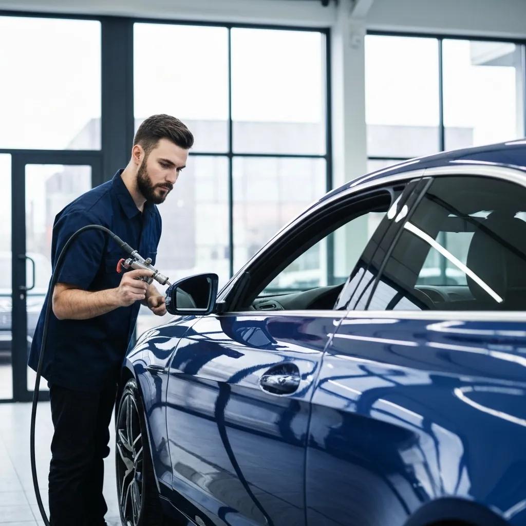 Skilled technician meticulously applying ceramic coating to a luxury vehicle, demonstrating professional detailing expertise