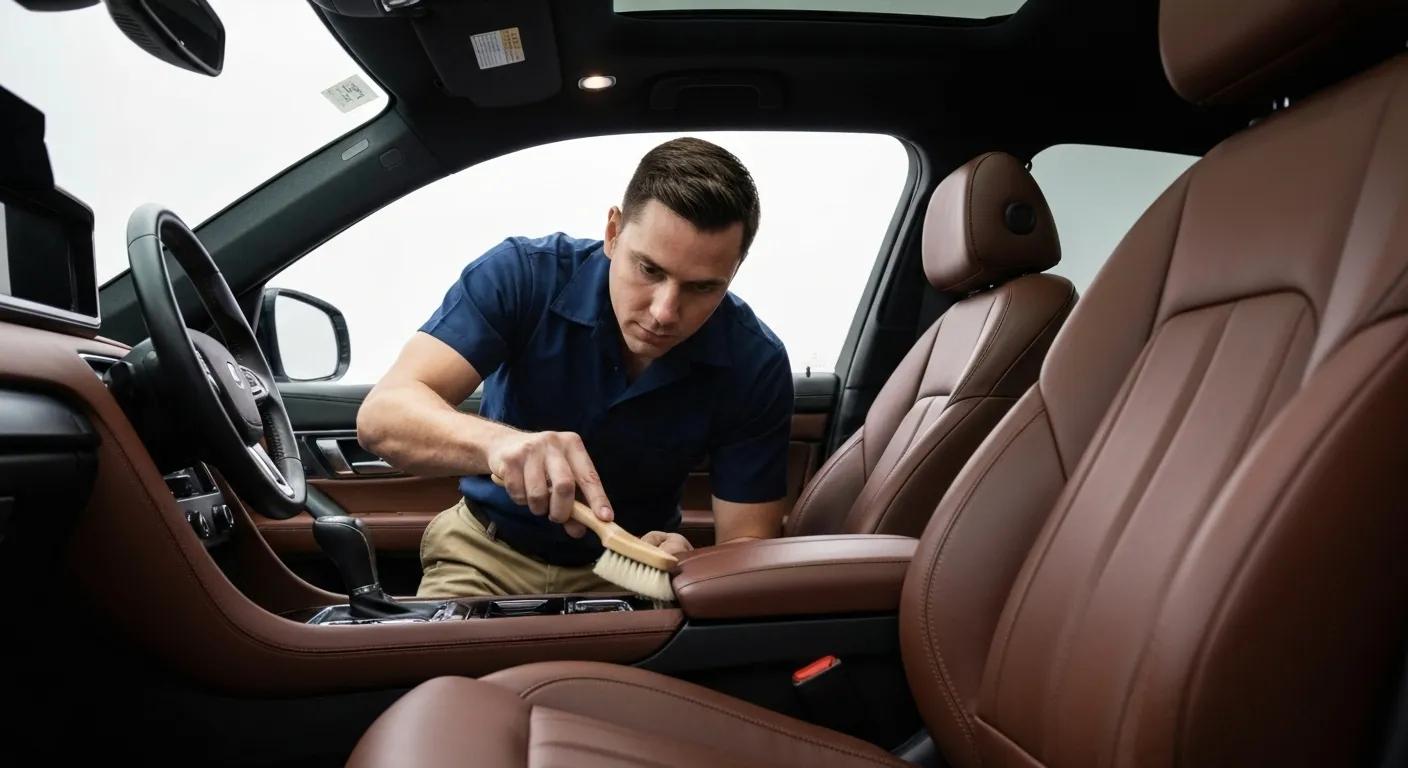 Interior car detailing process with a technician carefully cleaning and conditioning leather seats
